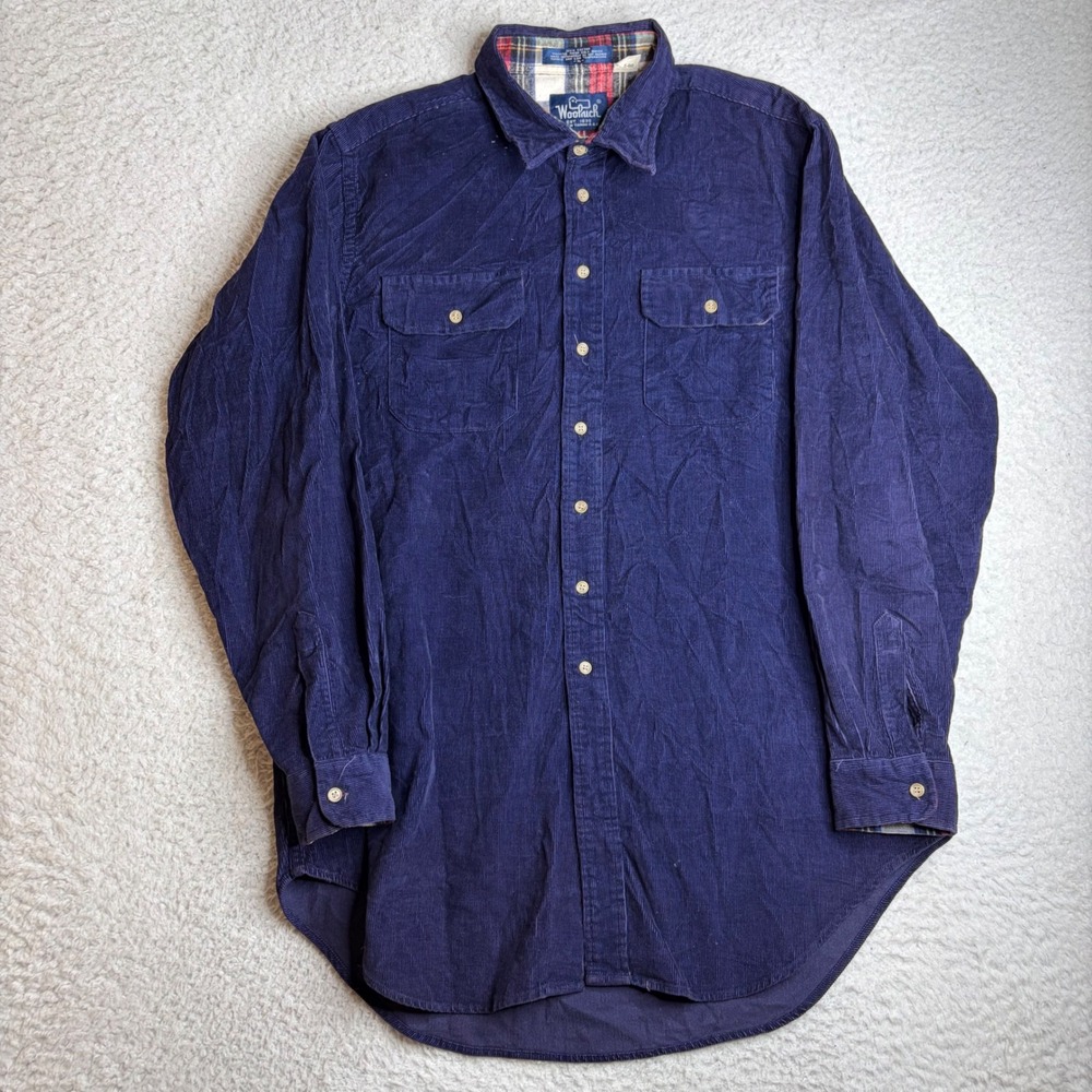 Woolrich Mens XL Navy Blue Corduroy Button Down Shirt Plaid Lined 6090L Vintage